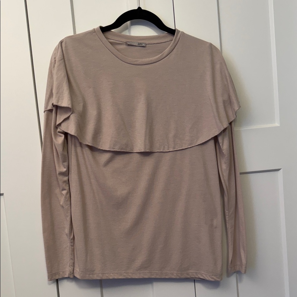 Zara Long Sleeve Ruffled Yoke Top - Taupe Beige